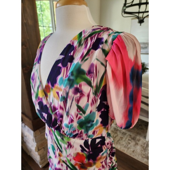 ONE33 SOCIAL - RUCHED FLORAL-PRINT CREPE DE CHINE MINI DRESS - PINK - US 12 - Picture 6 of 10